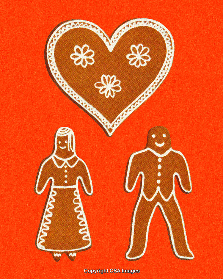 Heartwarming Gingerbread Figures with Decorative Heart on Red Background