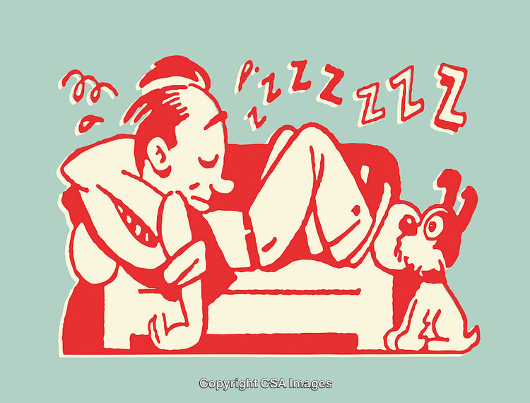 Cartoon Illustration of Relaxing Man Sleeping with a Curious Dog Nearby