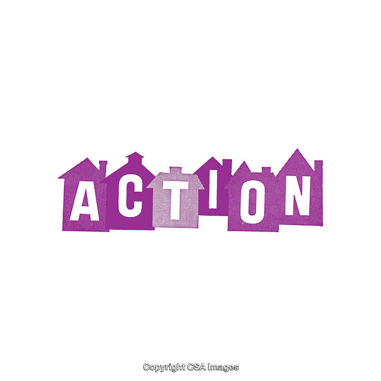Purple Graphic Typography With Houses Shapes Illustrating the Word 'Action'