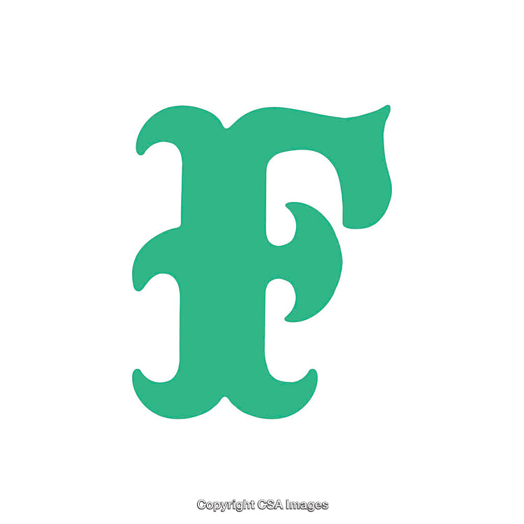 Stylized Green Letter E in Ornate Typeface on White Background