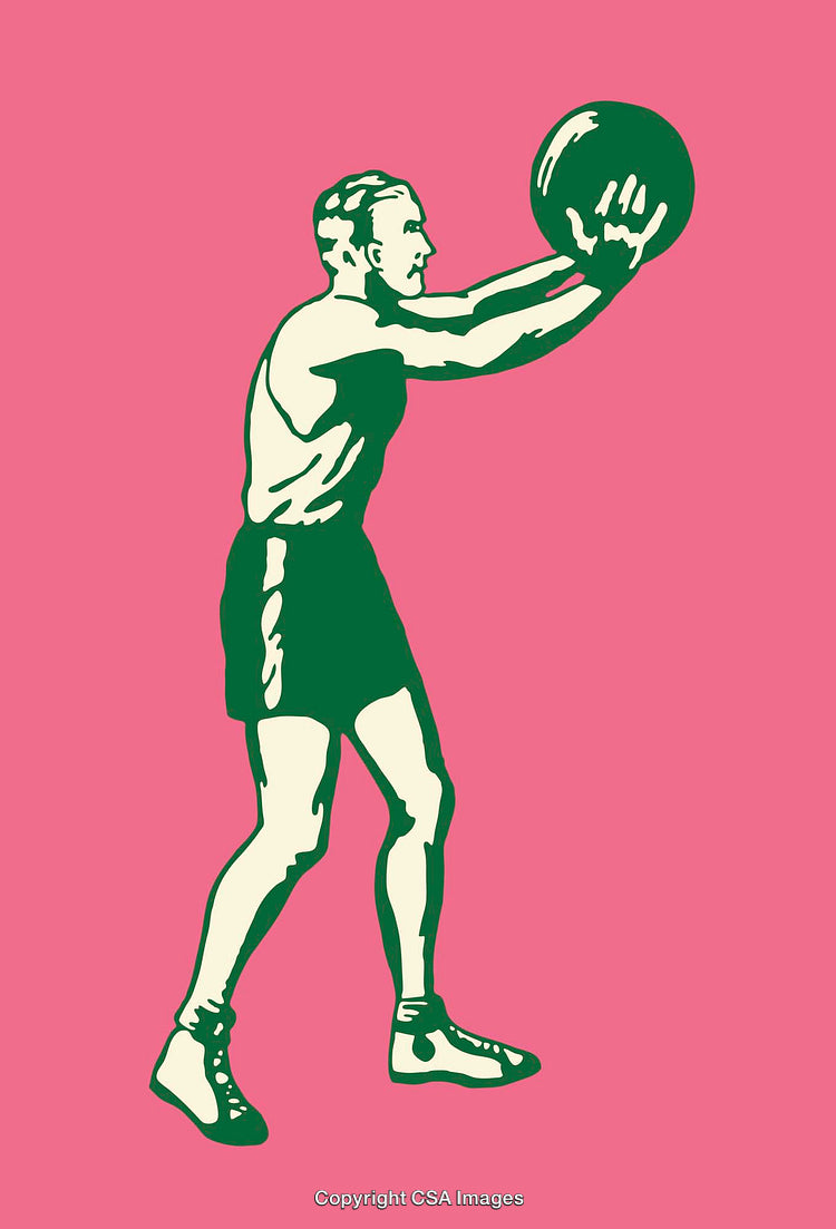 Vintage Athlete Holding Medicine Ball on Pink Background