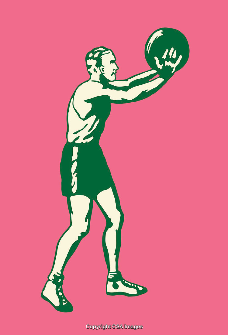 Vintage Athlete Holding Medicine Ball on Pink Background