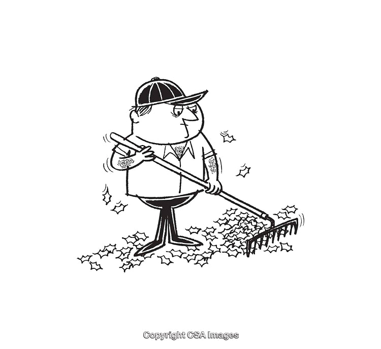 Cartoon Character Raking Leaves Illustration in Black and White Line Art