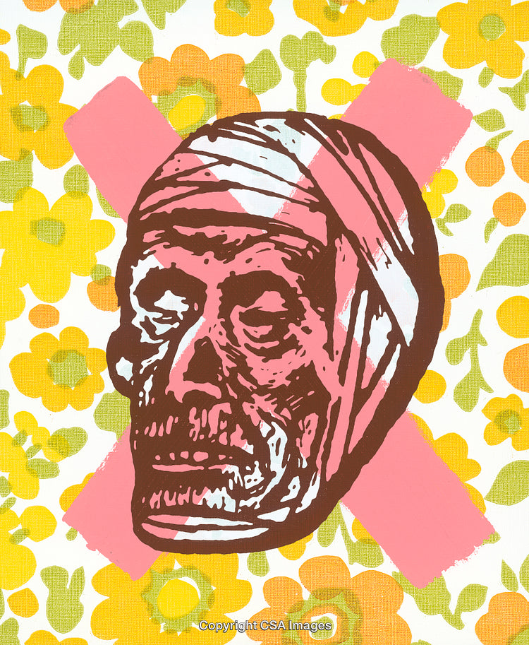 Artistic Skull Illustration with Floral Background and Pink X Accent