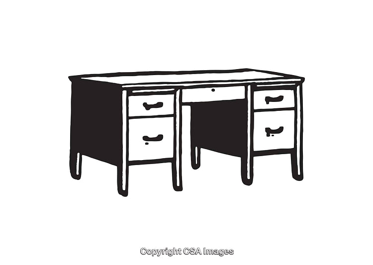 Black and White Line Art Illustration of a Traditional Desk with Drawers