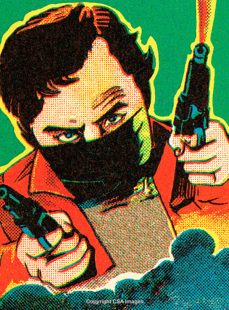 Vivid Pop Art Illustration of A Dramatic Scene with a Masked Hero