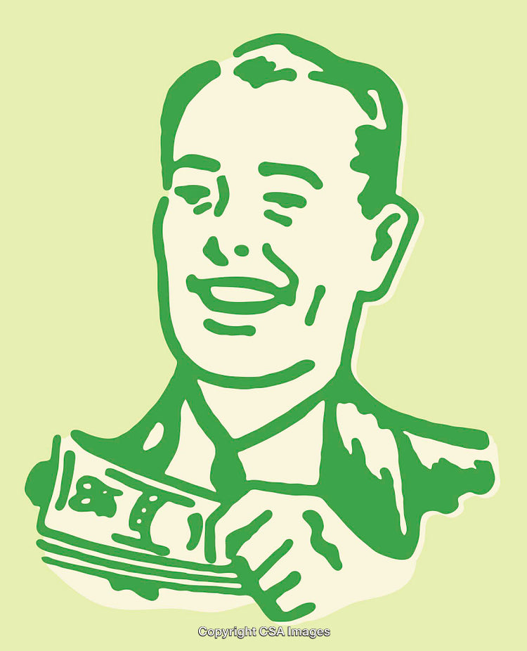 Retro Color Line Art Illustration of a Smiling Man Holding Cash