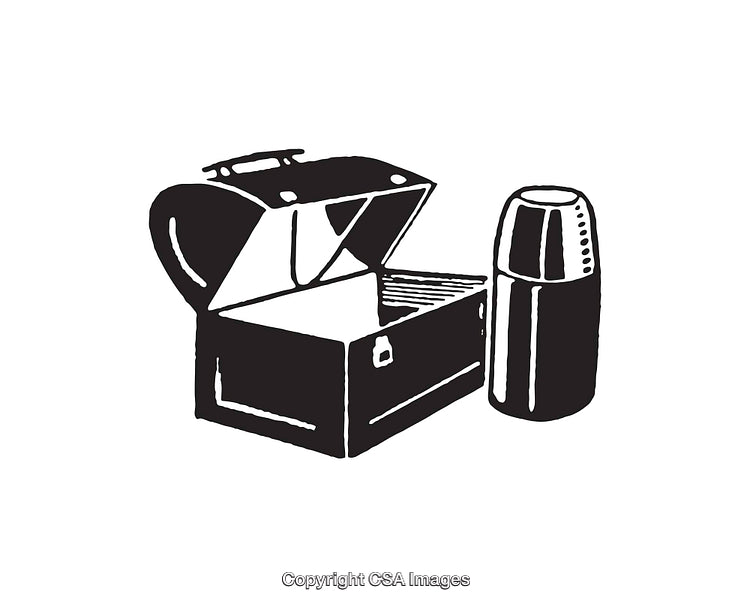 Black and White Line Art of Lunchbox and Thermos