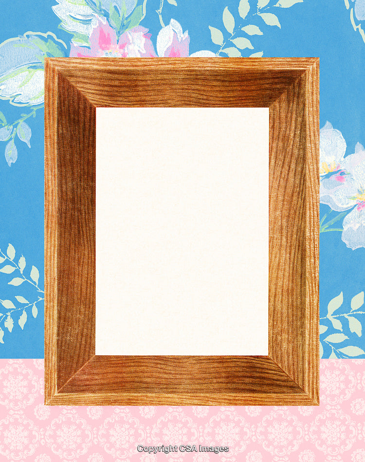 Wooden Frame on Floral Background with Blue and Pink Pattern Design