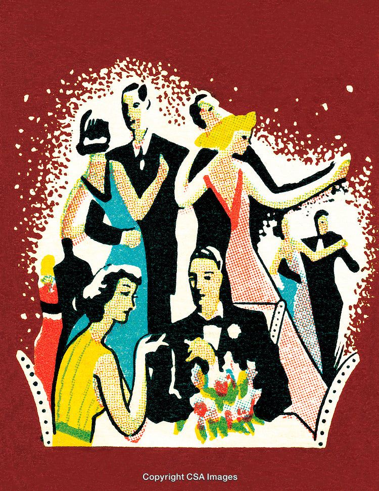 Elegant Retro Party Scene with Stylishly Dressed Attendees in Vibrant Colors