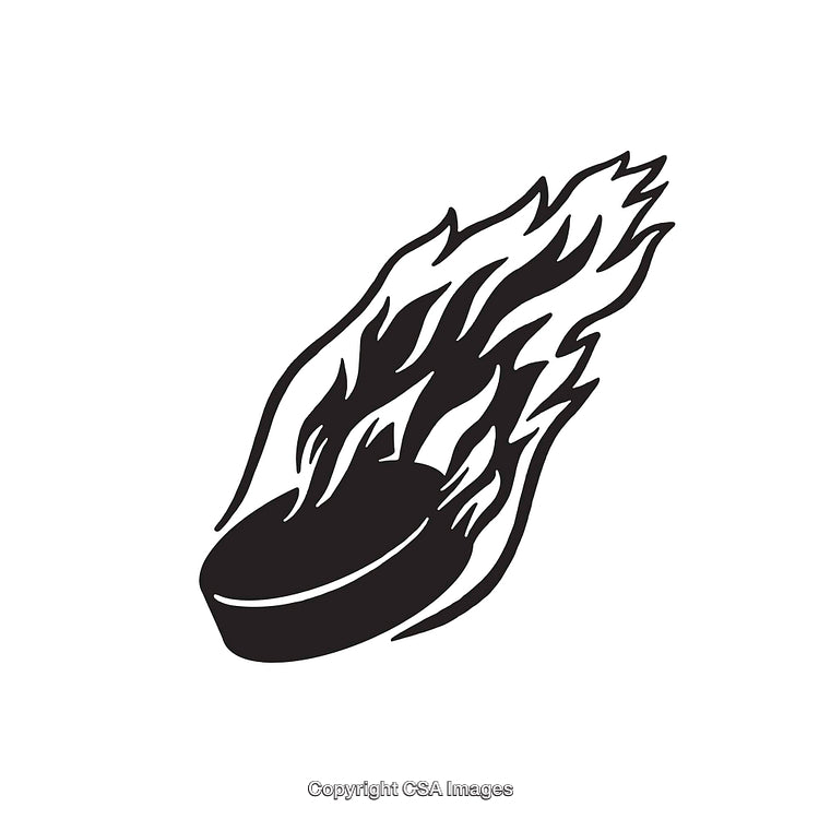 Black and White Line Art of a Flaming Hockey Puck Design