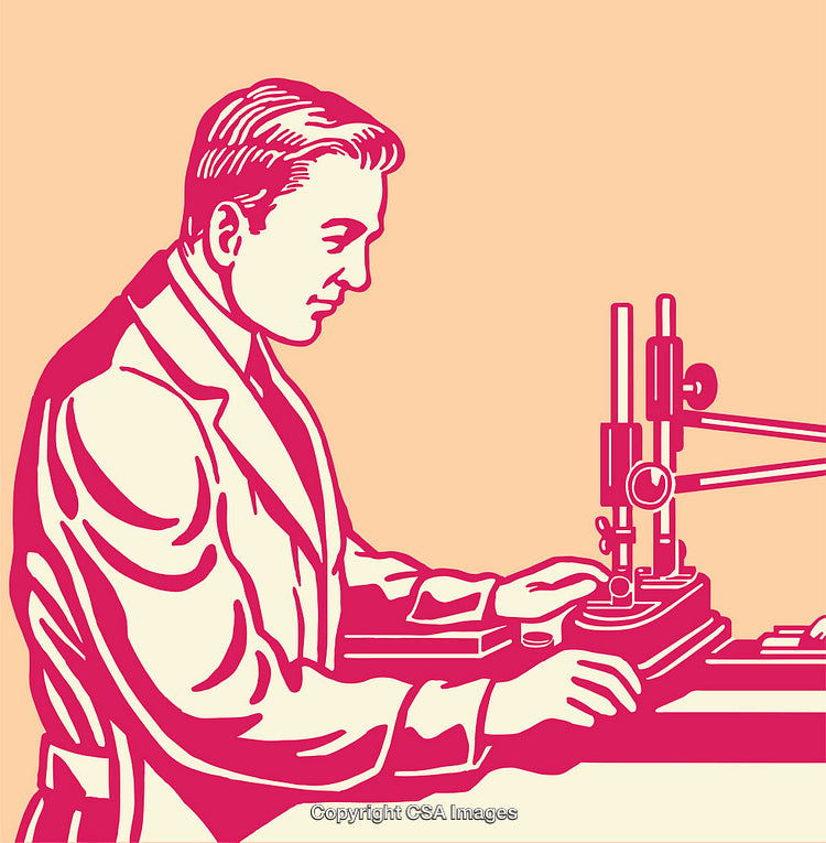 Scientific Researcher Operating Precision Equipment Illustration in Pink and Cream Color Scheme