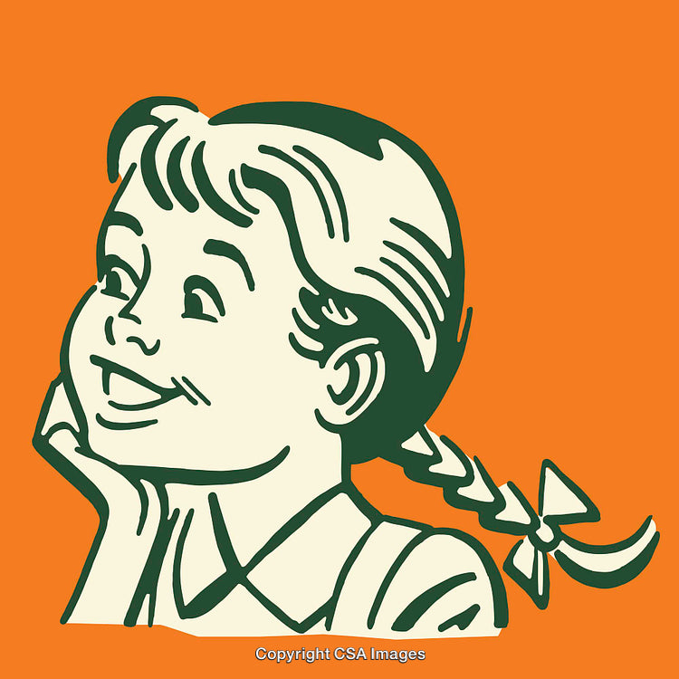 Vintage Cartoon Illustration of a Girl in Pigtails Looking Cheerful