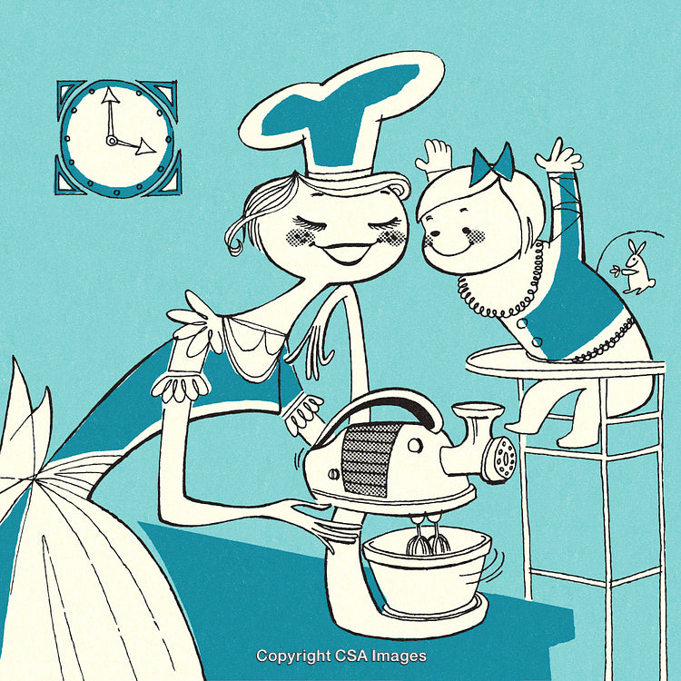 Whimsical Drawing of a Chef Teaching Cookery to a Child with Playful Elements