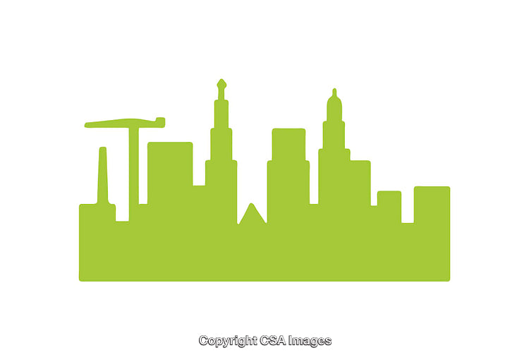 Green Silhouette Skyline Icon Depicting Urban Buildings and a Crane