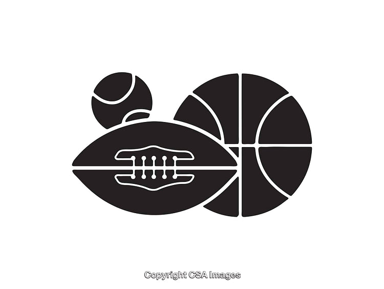 Black and White Sports Icon with Basketball, Football, and Tennis Symbols