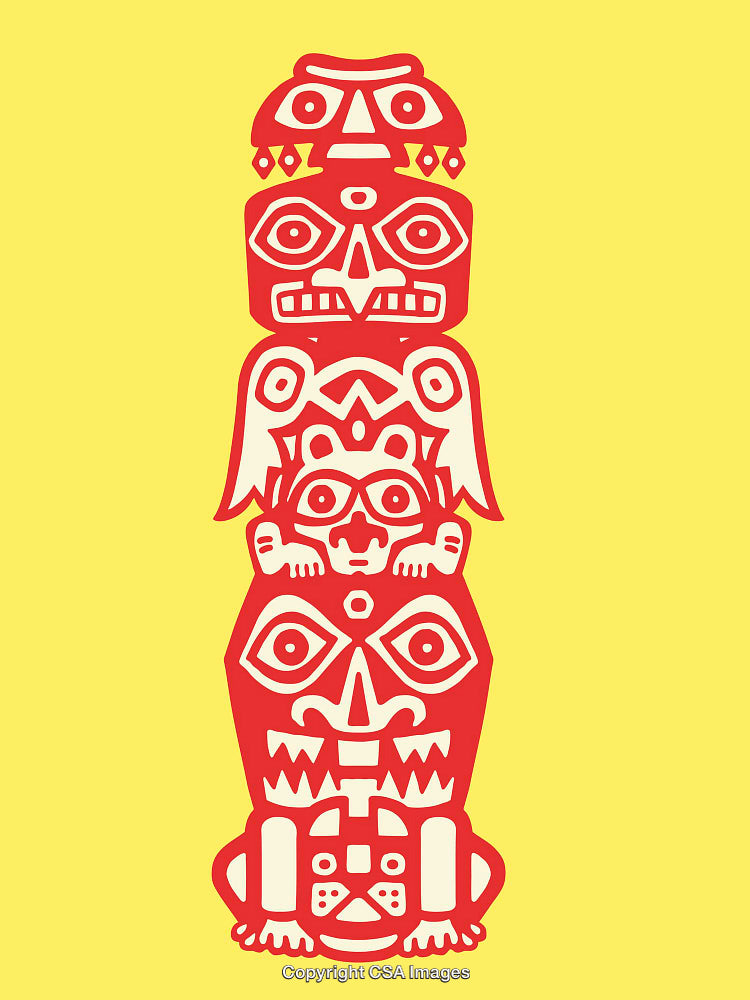 Traditional Totem Pole Illustration with Bold Colors and Abstract Design