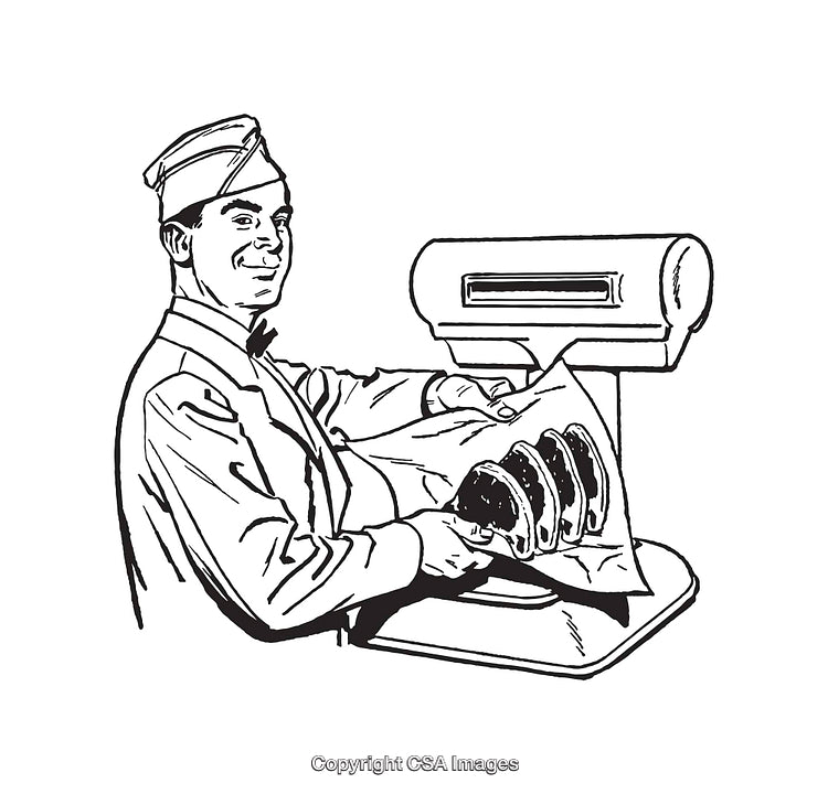 Vintage Bakery Worker Preparing Sliced Bread with Wrapping Machine Illustration