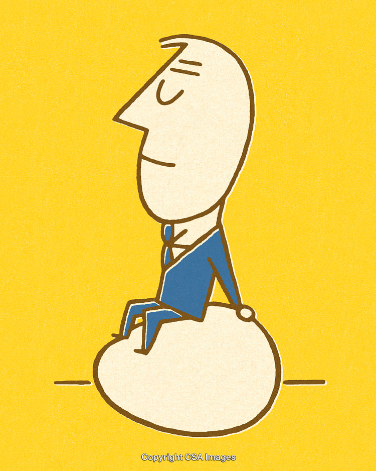 Illustration of a Thoughtful Cartoon Figure Sitting on a Rounded Background