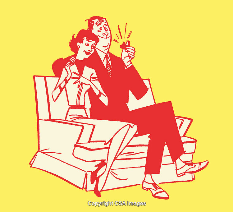 Retro Style Illustration of Couple in Romantic Proposal Scene on Yellow Background