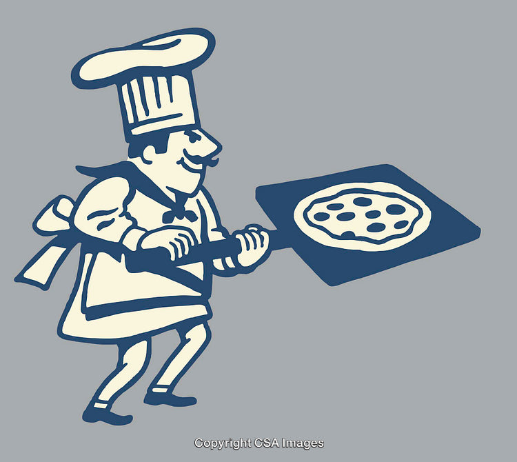 Cartoon Chef Holding Pizza on Peel in Color Line Art Illustration
