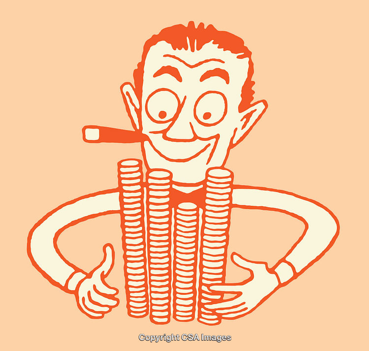 Smiling Man Holding Stacks of Coins Depicting Wealth and Happiness