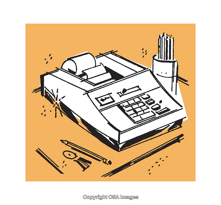 Illustration of Office Calculator with Desk Supplies on Orange Background