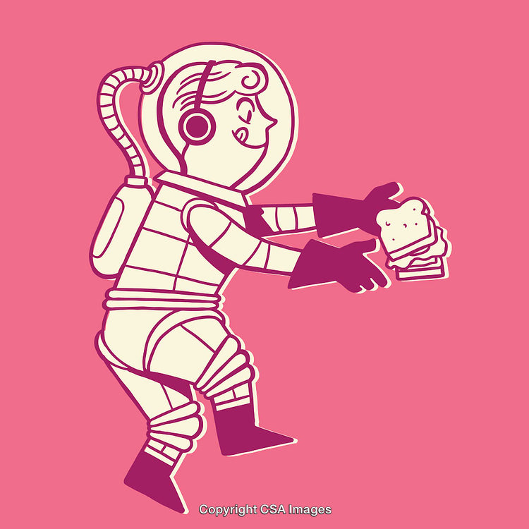 Retro Astronaut Illustration Holding Sandwich on a Vibrant Background