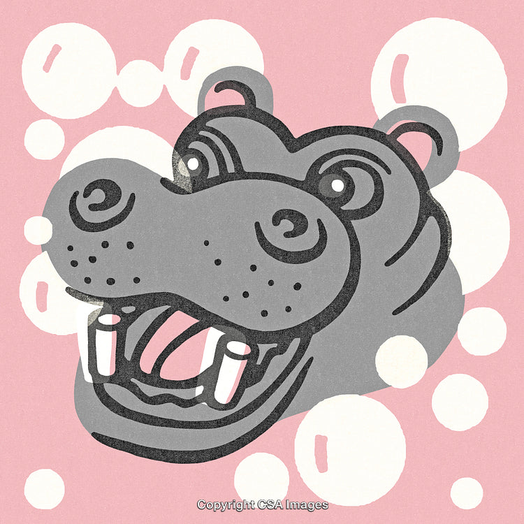 Cartoon Hippopotamus Illustration on a Pink Background with Bubbles