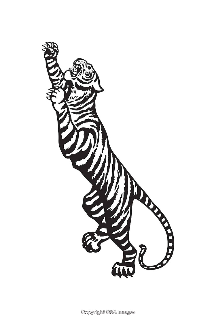 Black and White Line Art Illustration of a Leaping Tiger