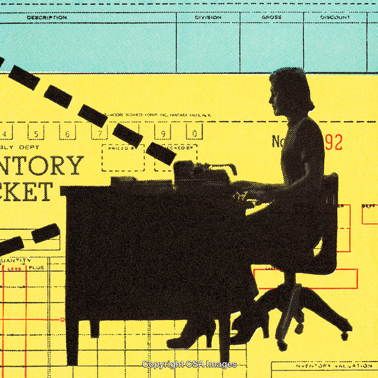 Silhouette of Woman at Desk Overlaid With Business and Inventory Forms