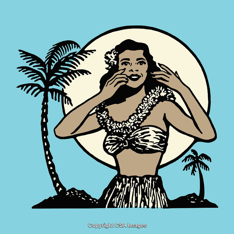 Tropical Vintage Line Art Featuring Hula Dancer with Palm Trees