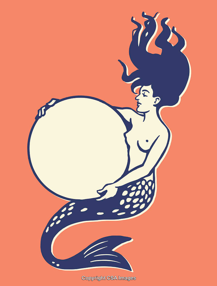 Retro Mermaid Holding the Moon Illustration Against a Coral Background