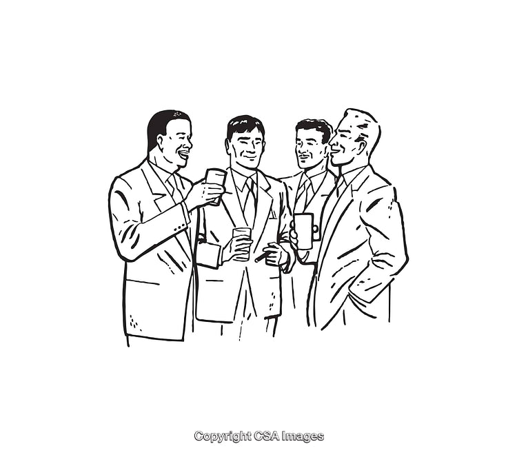 Outlined Illustration of Four Men Socializing in a Professional Environment