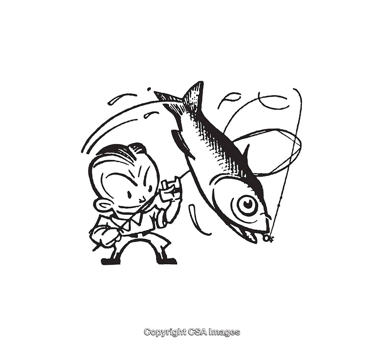 Cartoon Character Fishing with a Leaping Fish in Retro Style Drawing