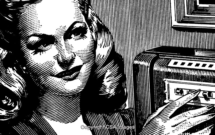 Retro Black and White Vintage Engraving of a Woman Adjusting a Radio