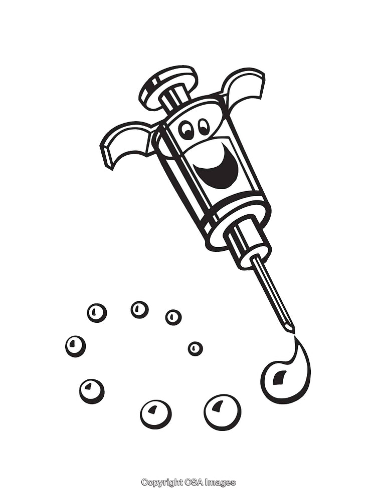 Black And White Illustration of Happy Syringe Cartoon Character
