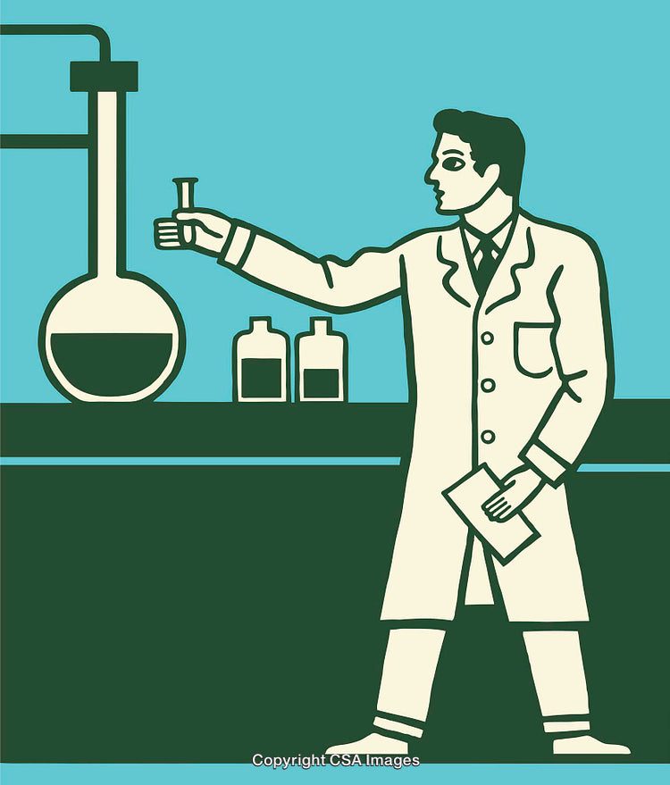 Scientist Conducting Experiment in Laboratory with Flasks and Chemicals Illustration