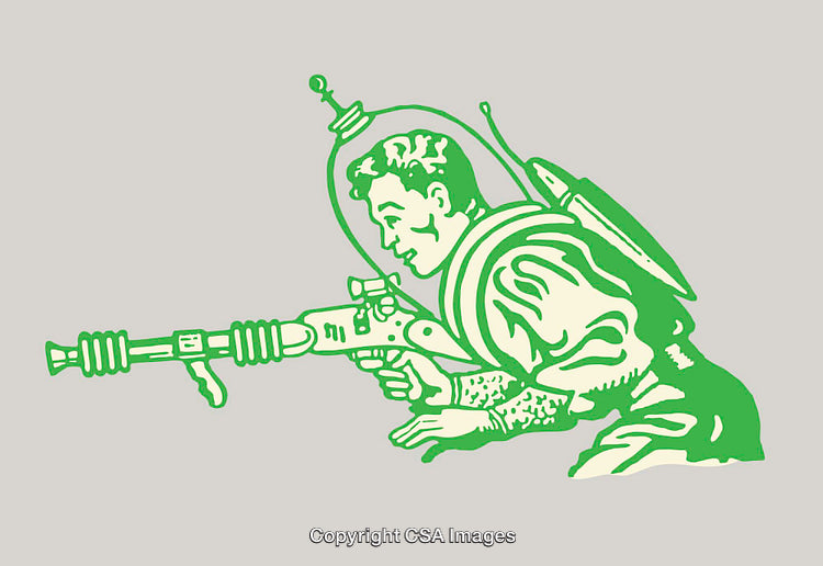 Retro Futuristic Space Soldier with a Sci-Fi Raygun Illustration