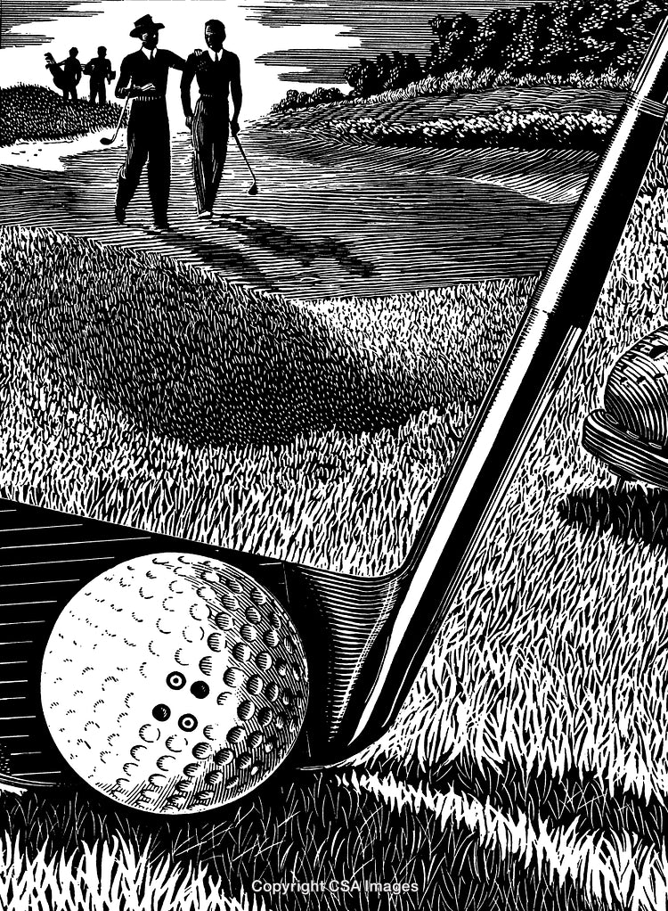 Black and White Engraving of Golf Game with Players on Course
