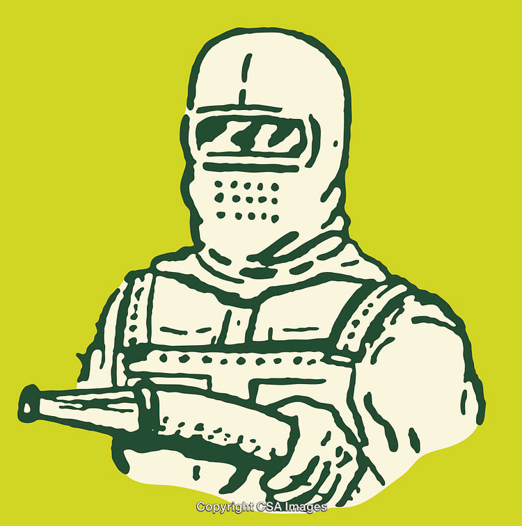Illustration of Armed Individual in Protective Gear on Green Background