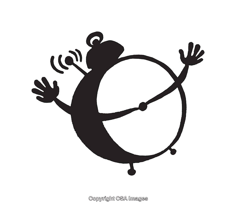 Black and White Illustration of a Cartoon Alarm Clock Character