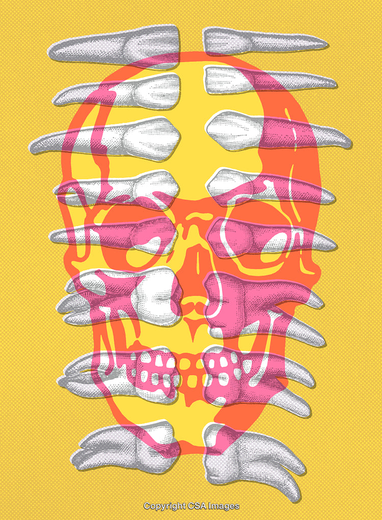 Abstract Skull Illustration with Teeth Elements on Yellow Background