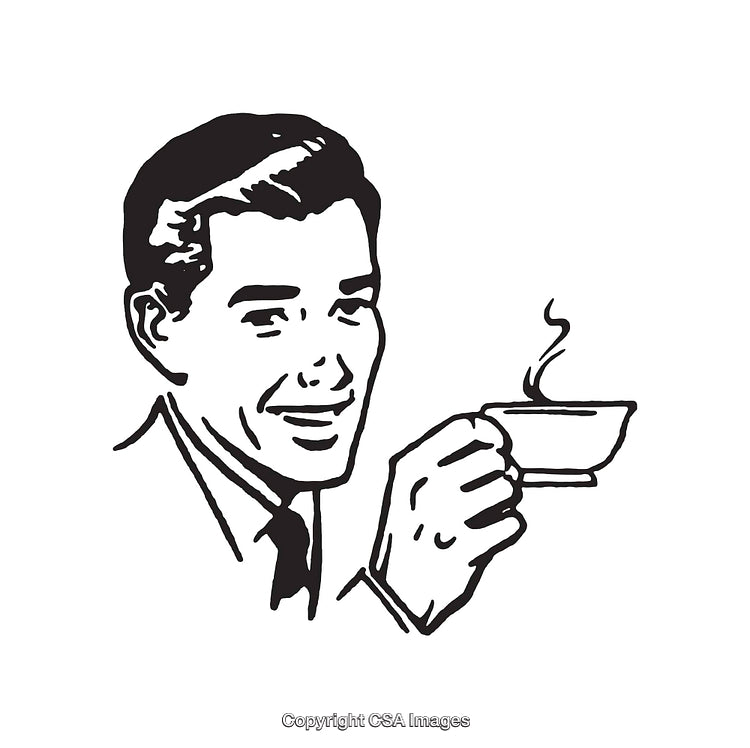 Retro Black and White Illustration of a Man Holding a Hot Cup