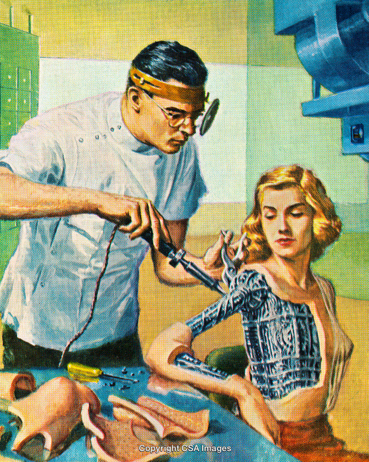 Technician Upgrading Human Arm with Advanced Cybernetic Prosthetics