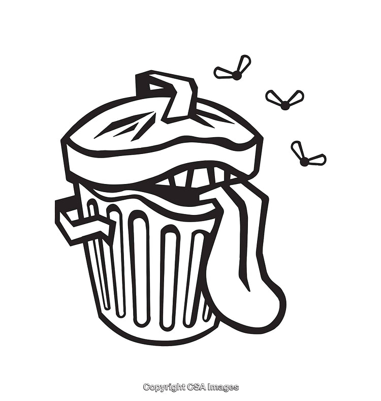Humorous Line Art Illustration of Trash Can with Tongue and Flies