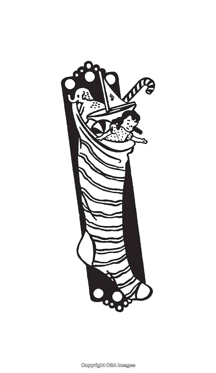 Black and White Christmas Stocking Filled with Toys and Candy