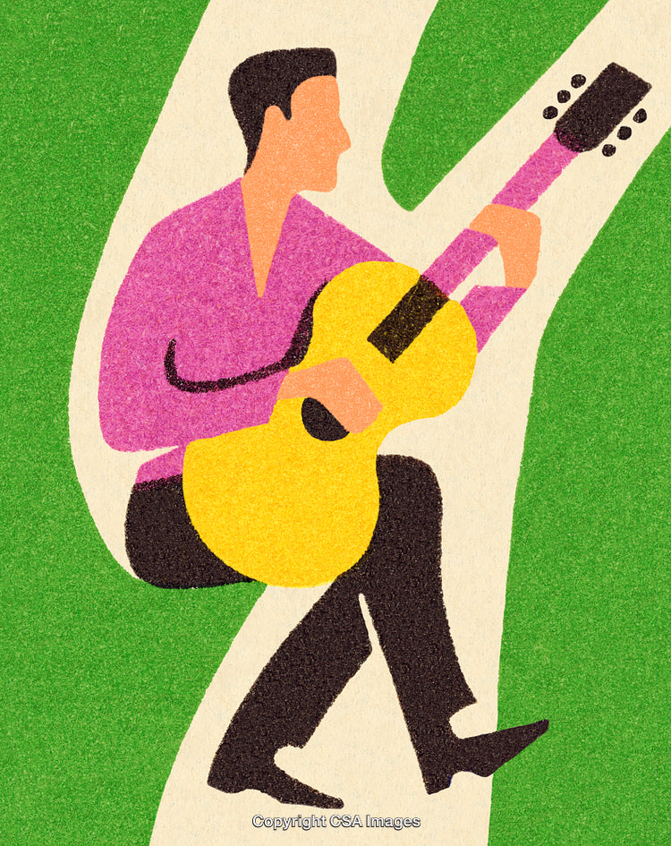Abstract Illustration of a Guitarist Sitting on a Tree in Vibrant Colors