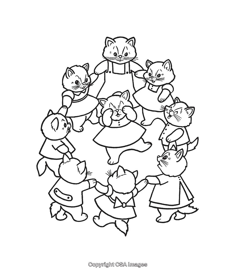 Adorable Kittens Holding Hands in Circle Line Art Illustration