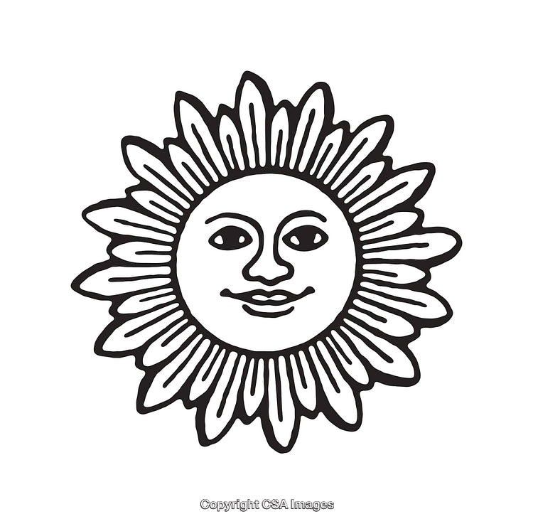 Black And White Line Art of a Sun Face Illustration with Radiant Rays